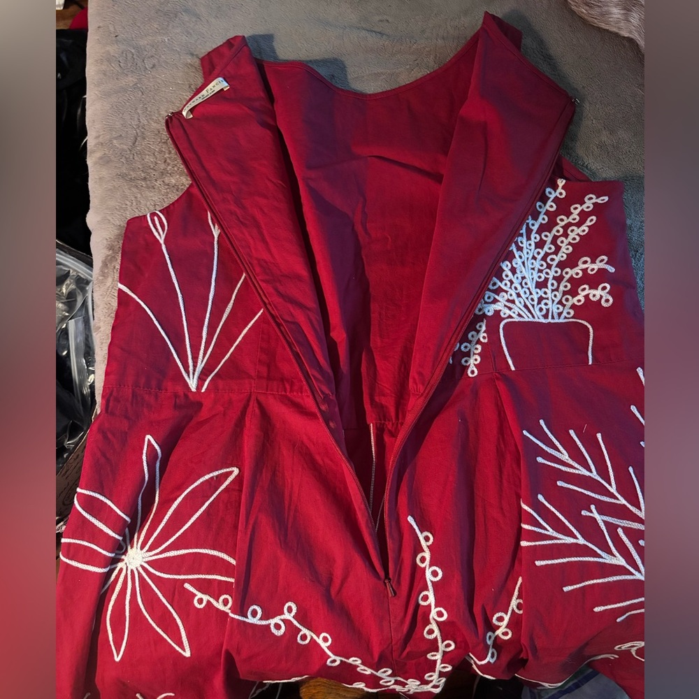 Elegant Red With White Floral Embroidery Midi Dress by Wayward Fancies | Size 2X - Picture 7 of 11